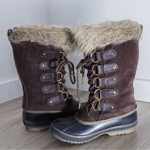 Sorel Women’s Waterproof Winter Boots Fur Trim Brown Leather Size 8